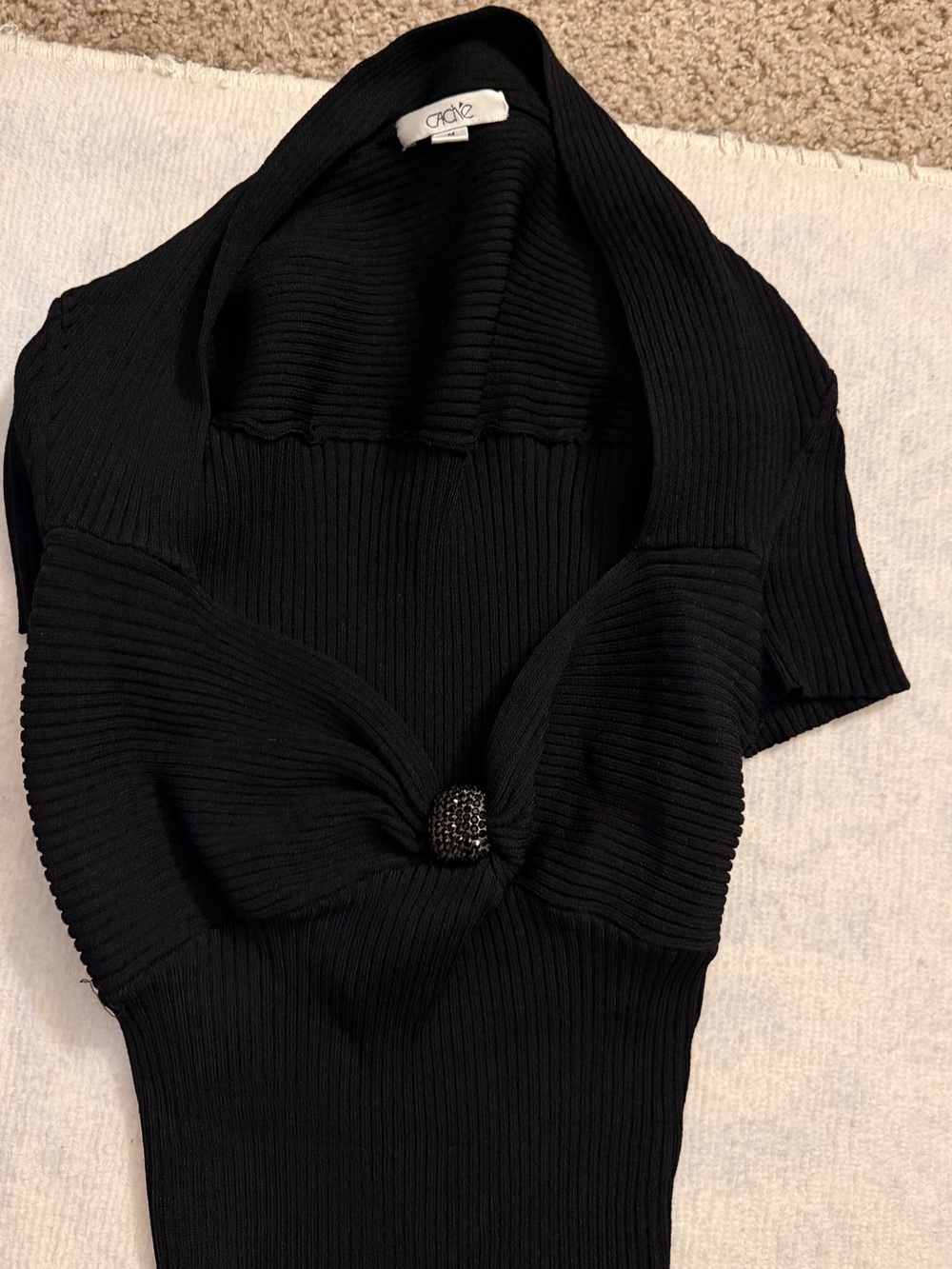 Y2K Cache Black Ribbed Knit Sweater Top with Crystal Accent
